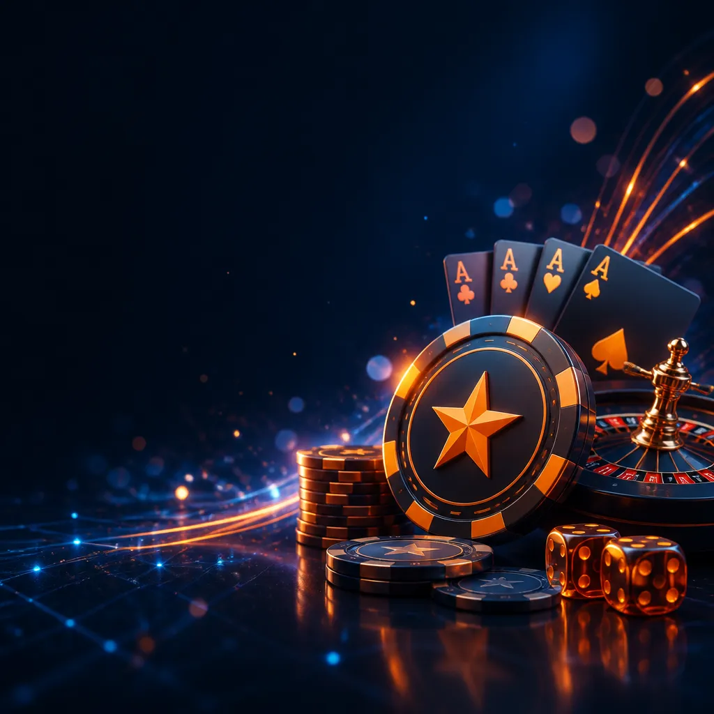 Futuristic casino gaming visuals with colorful lights, chips, and cards, embodying Mostbet's energetic and modern brand theme