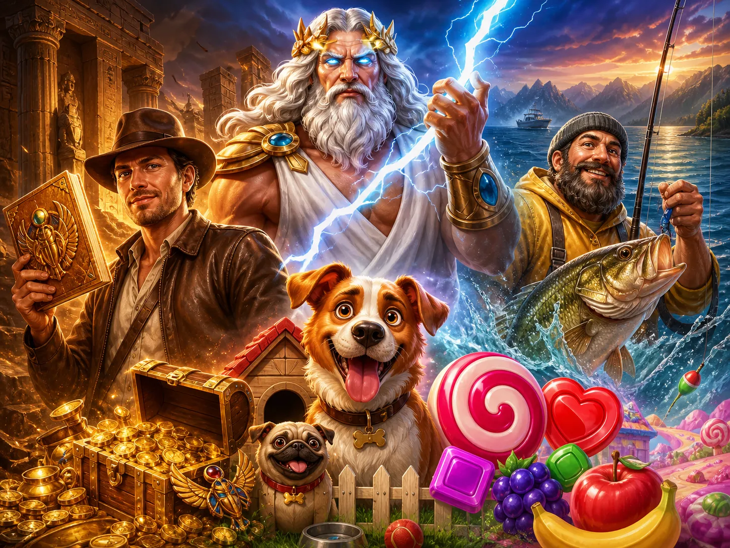 Illustration with slot game characters and worlds from Mostbet casino slots.
