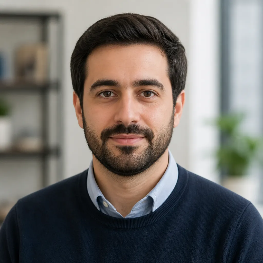 A realistic portrait of an intelligent and professional author in a smart casual outfit, set against a subtly blurred office 