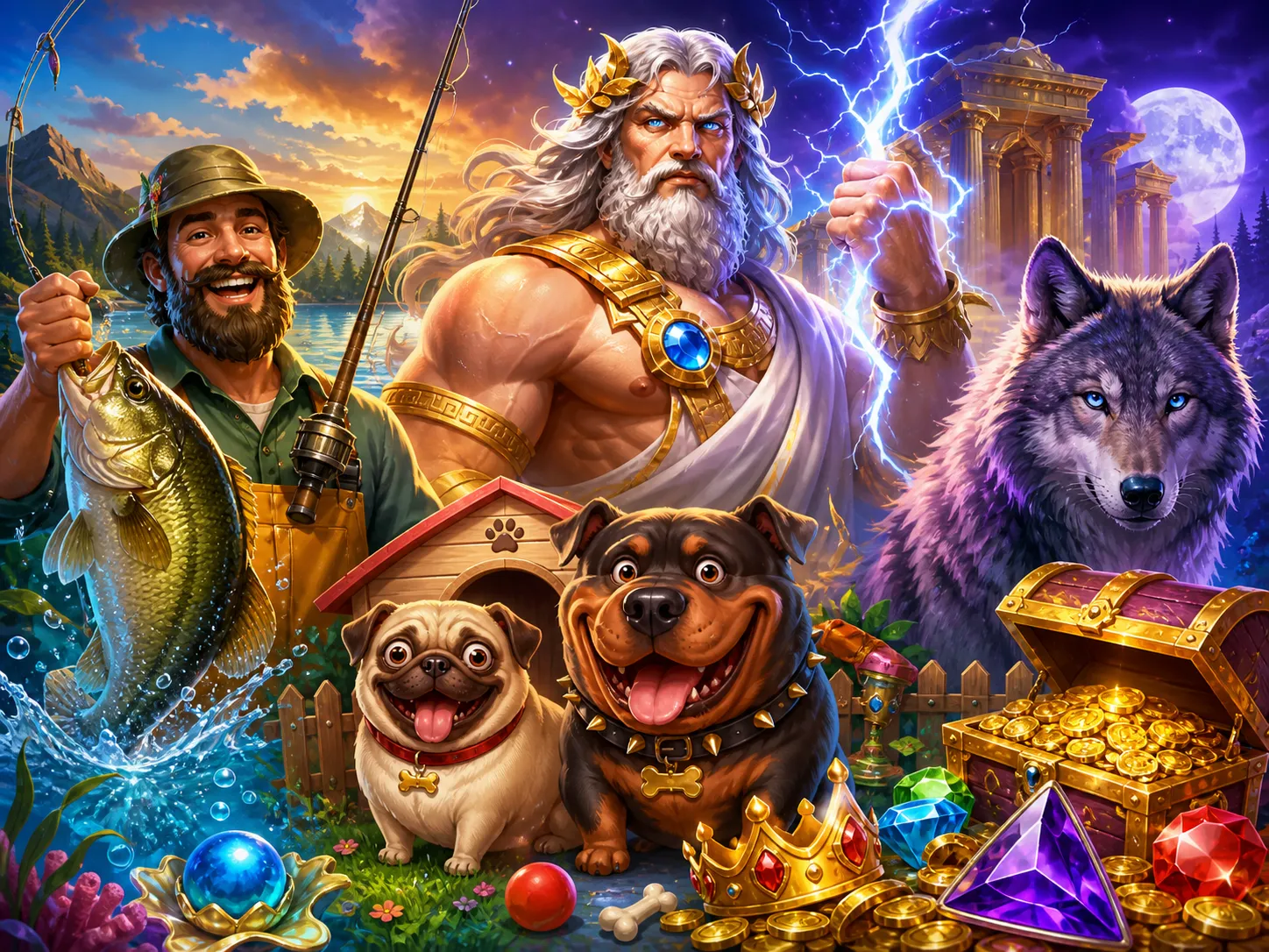 Illustrative artwork featuring vibrant characters and mystical worlds from popular slot games, blending themes of fantasy and